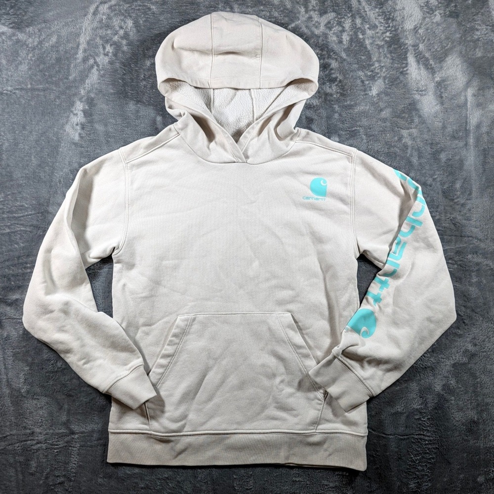 Carhartt Kids Cream Turquoise Sleeve Logo Hoodie Sweatshirt Size L 12